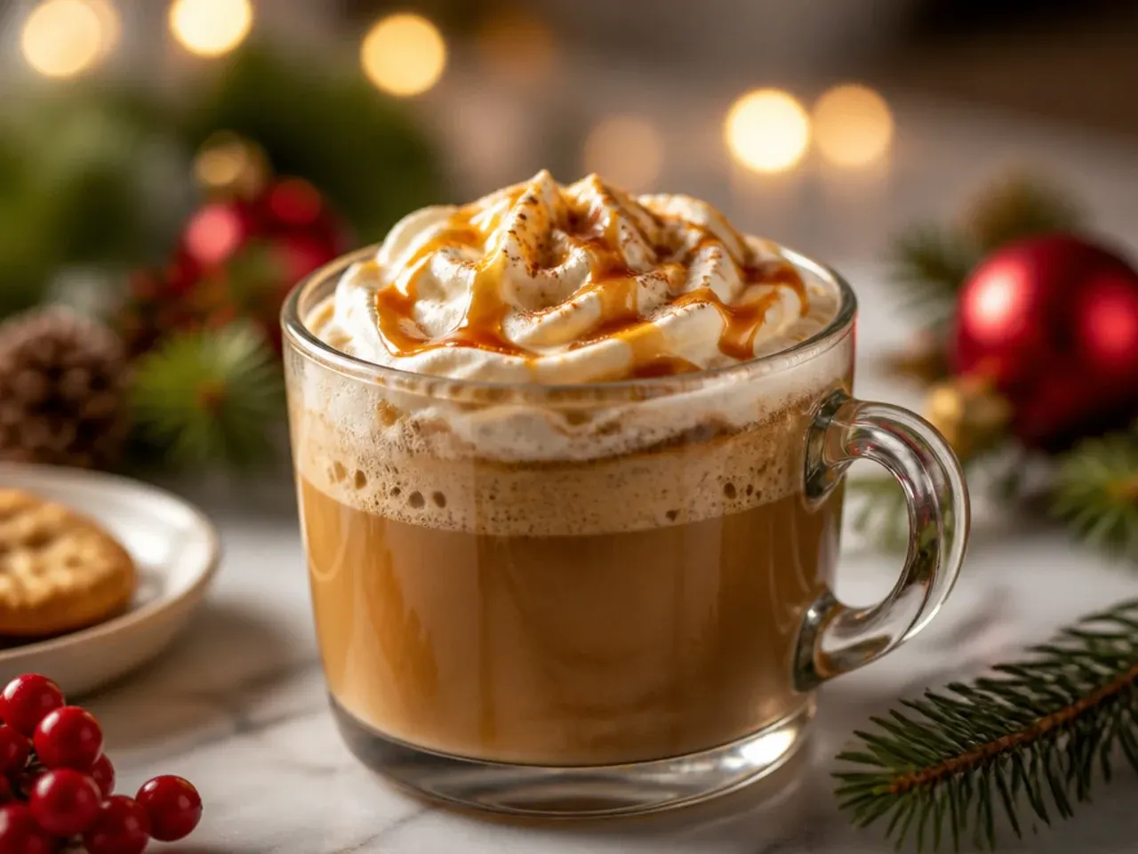 Overhead shot of ingredients for holiday coffee drinks laid out on a marble counter, including espresso, milk, cinnamon sticks, and syrup bottles
