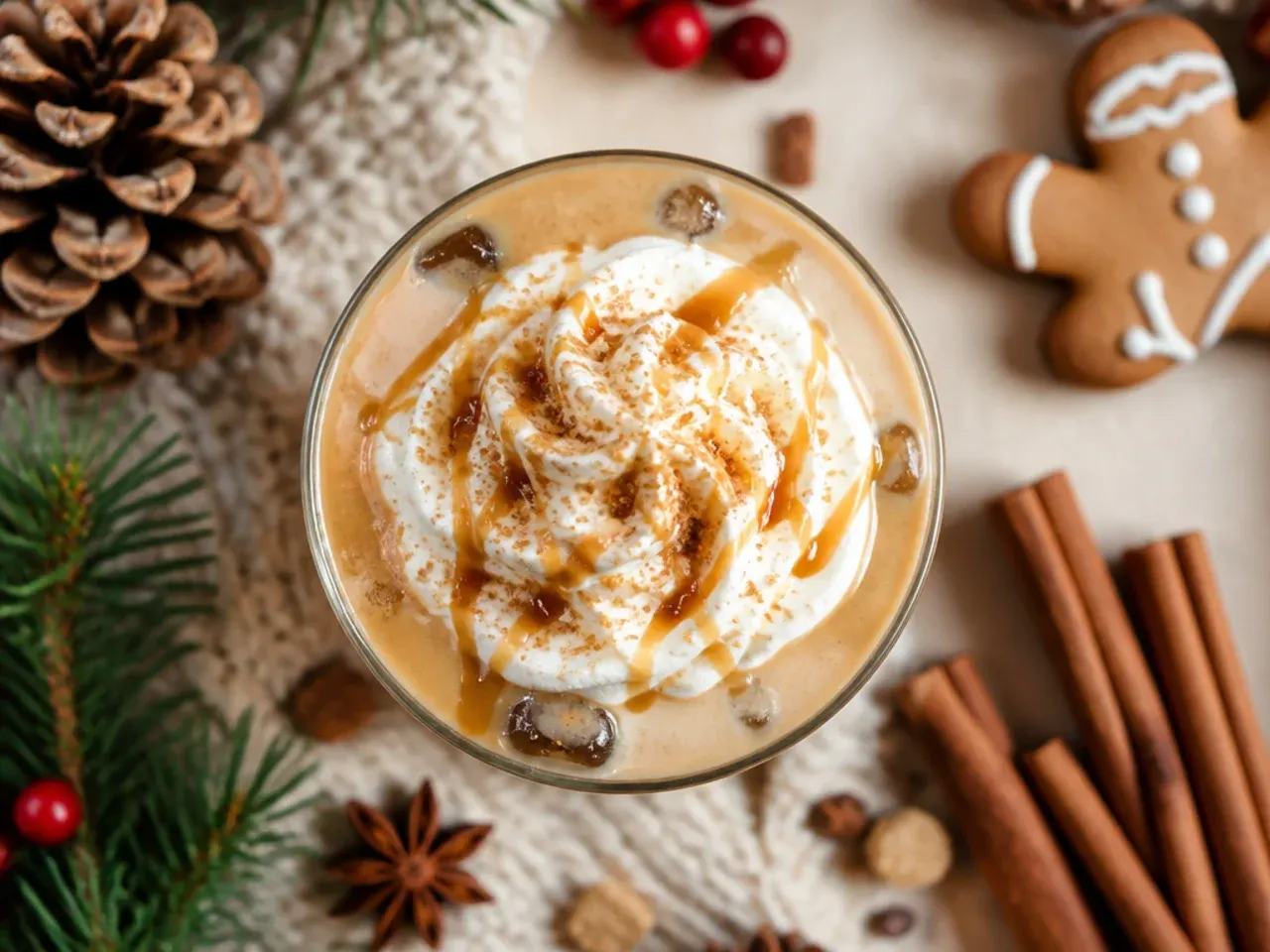 Iced gingerbread oat milk latte in a tall glass with visible espresso layers and a dusting of ground ginger on top