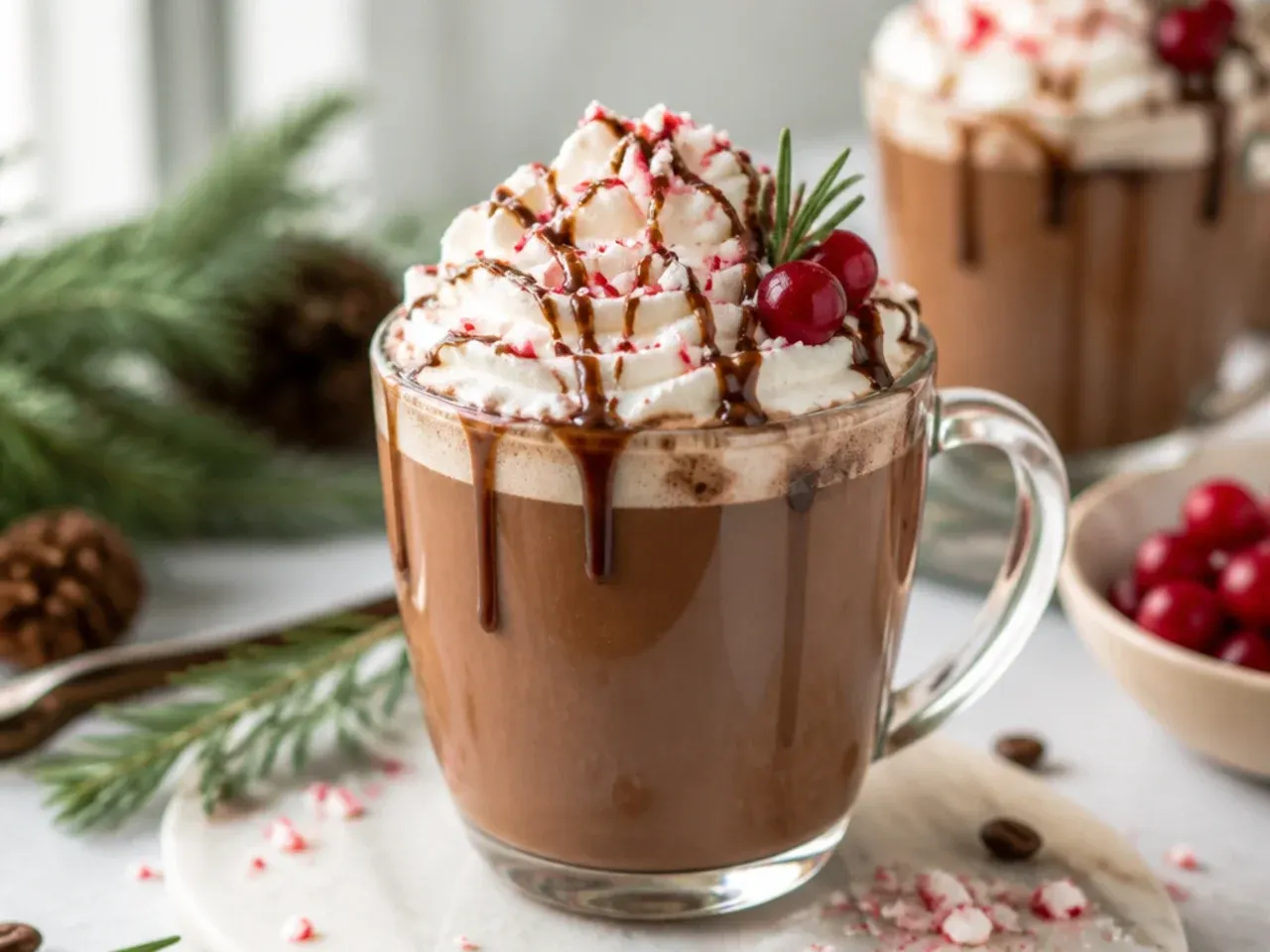 Classic peppermint mocha in a clear glass mug topped with whipped cream and crushed candy cane pieces