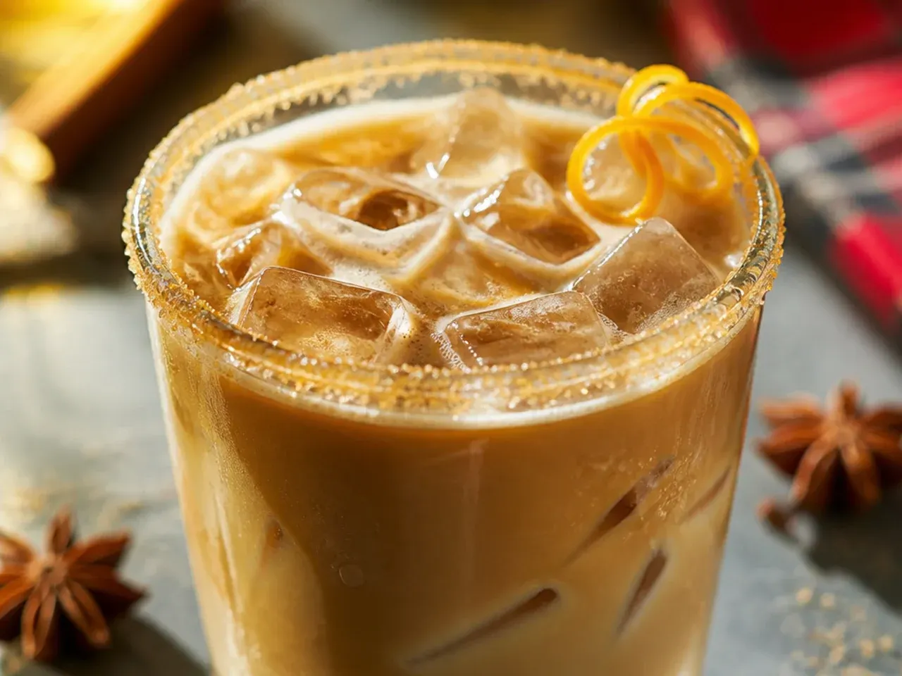 Copycat gingerbread latte in a paper-style takeaway cup with latte art and a sprinkle of nutmeg on top