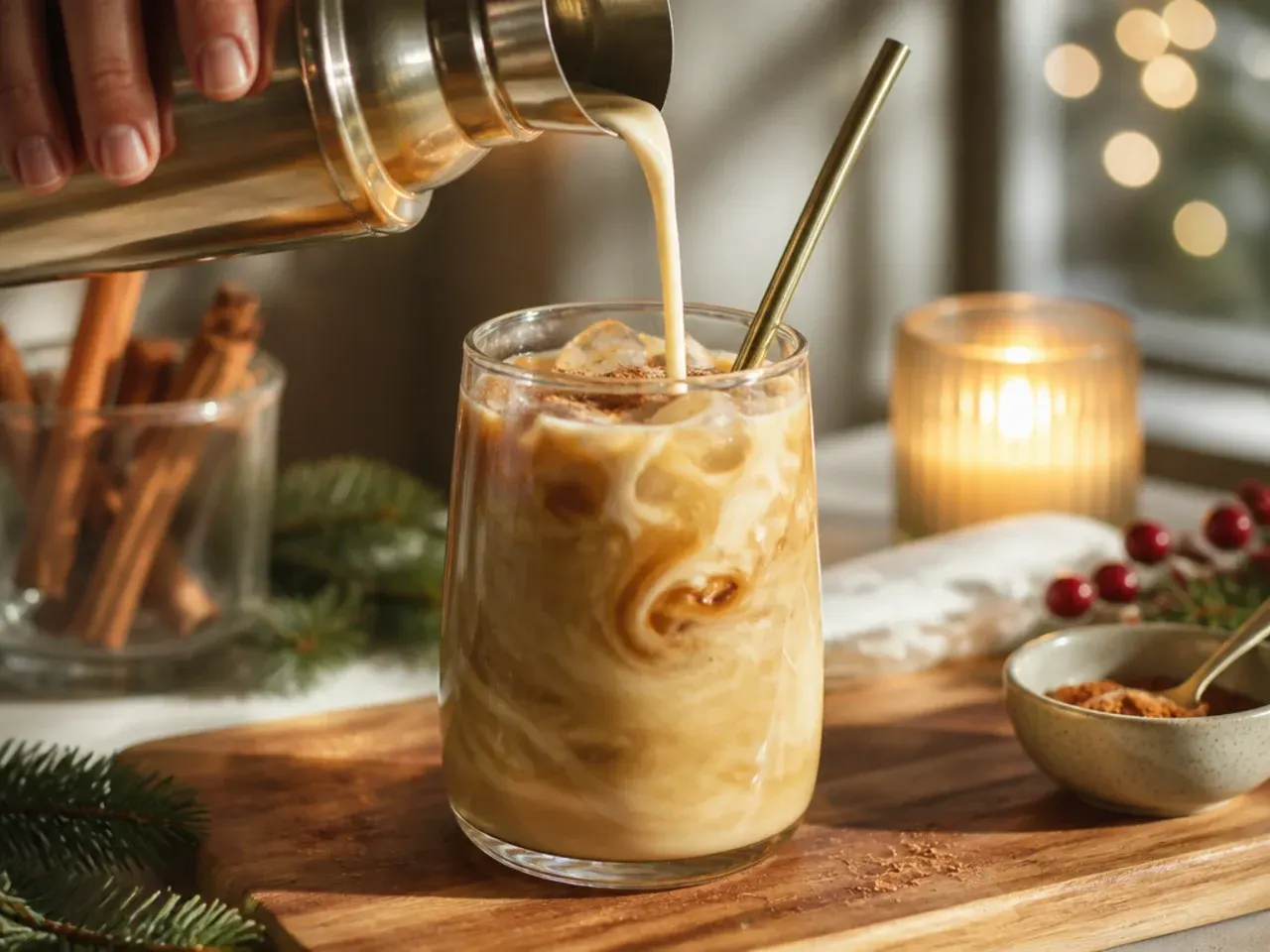 Creamy eggnog latte in a glass mug with a thick layer of foam and freshly grated nutmeg on top
