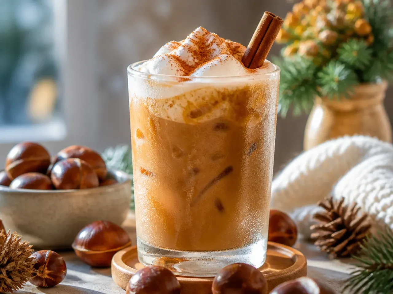 Iced chestnut praline coffee in a tall glass with caramel drizzle striped along the inside and a milk layer settling on top