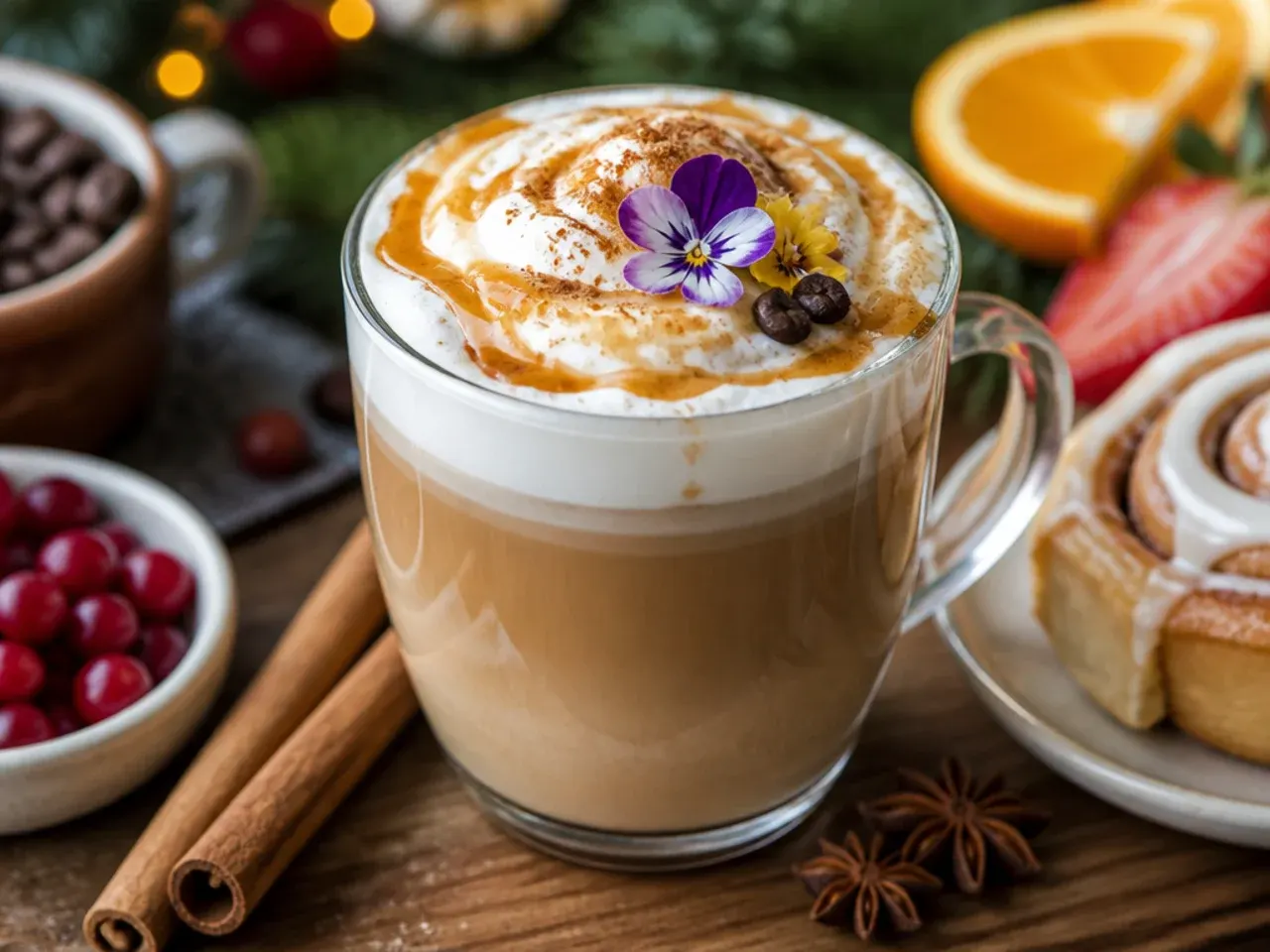 Cinnamon roll latte in a mug with a swirled cream cheese icing drizzle and a dusting of cinnamon on top