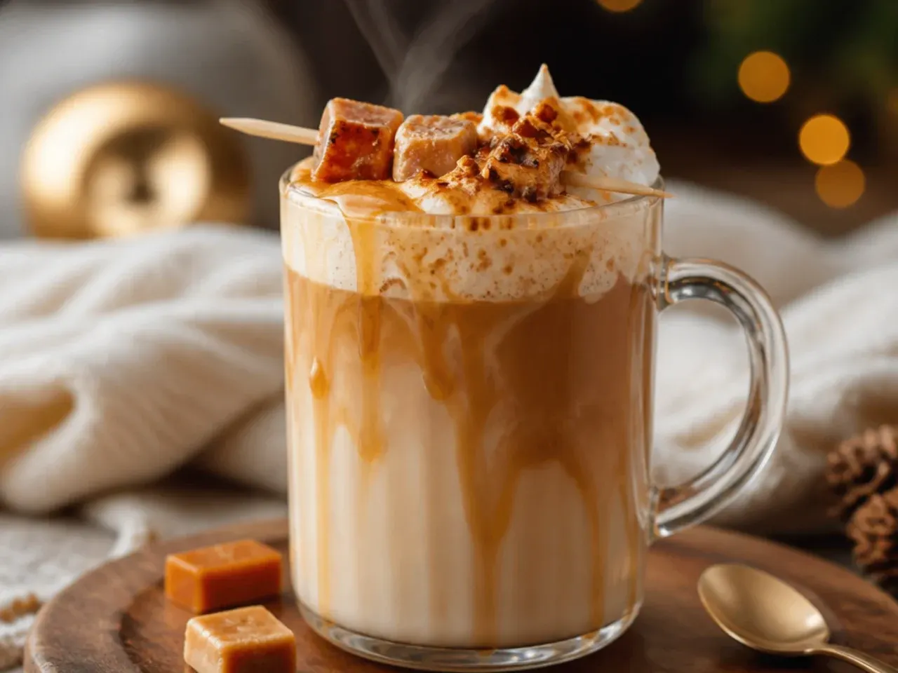 Caramel brulée latte in a small glass cup with whipped cream and shards of hardened caramel on top