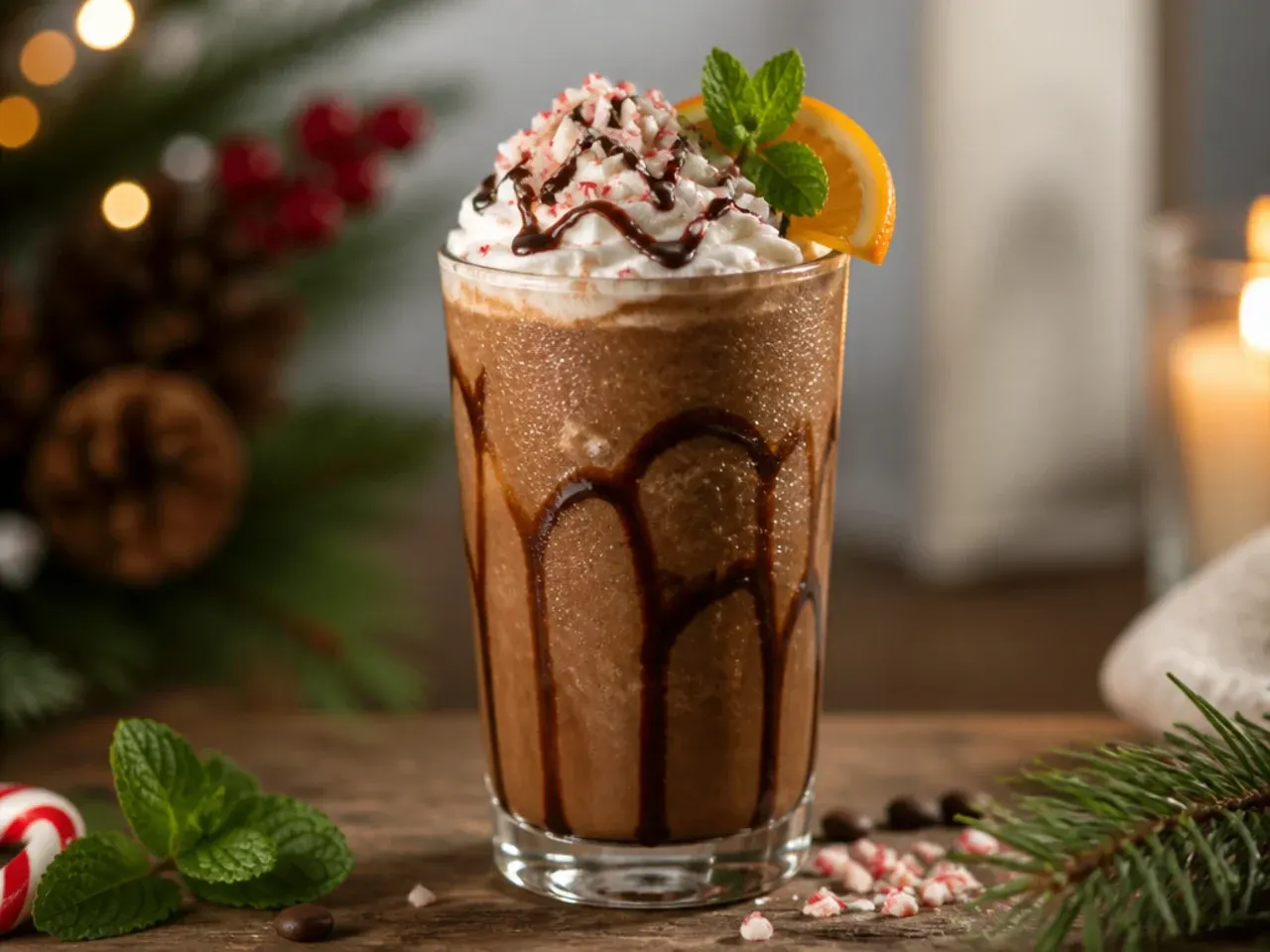 Frozen peppermint mocha frappe in a tall glass with whipped cream, chocolate drizzle, and crushed candy cane on top