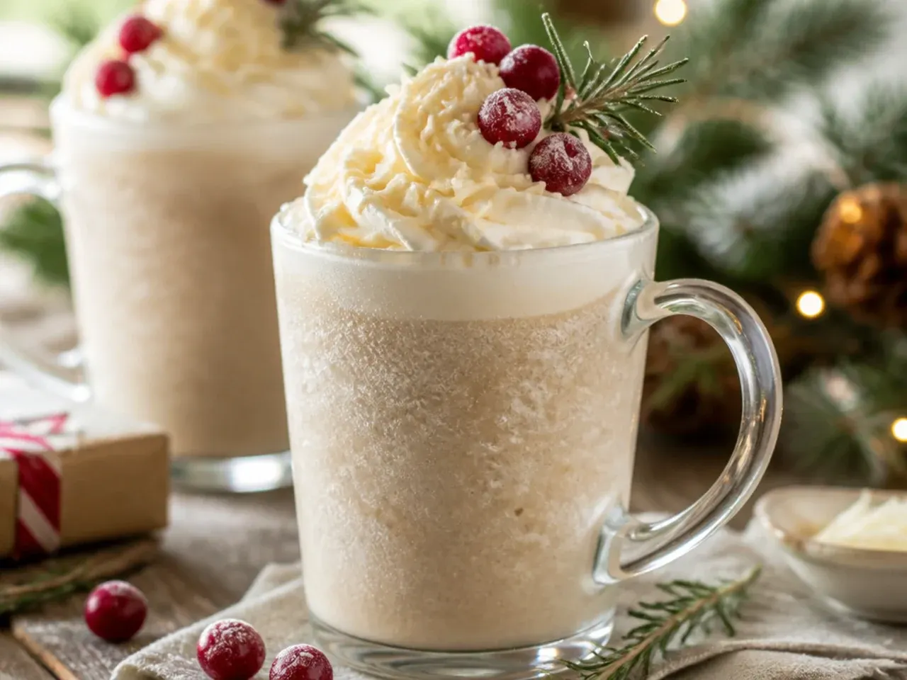 Blended white chocolate mocha freeze in a glass with white chocolate shavings and whipped cream on top
