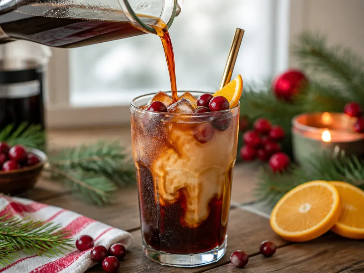 Cranberry orange cold brew in a glass with visible red and brown layers, garnished with a cranberry skewer and orange twist