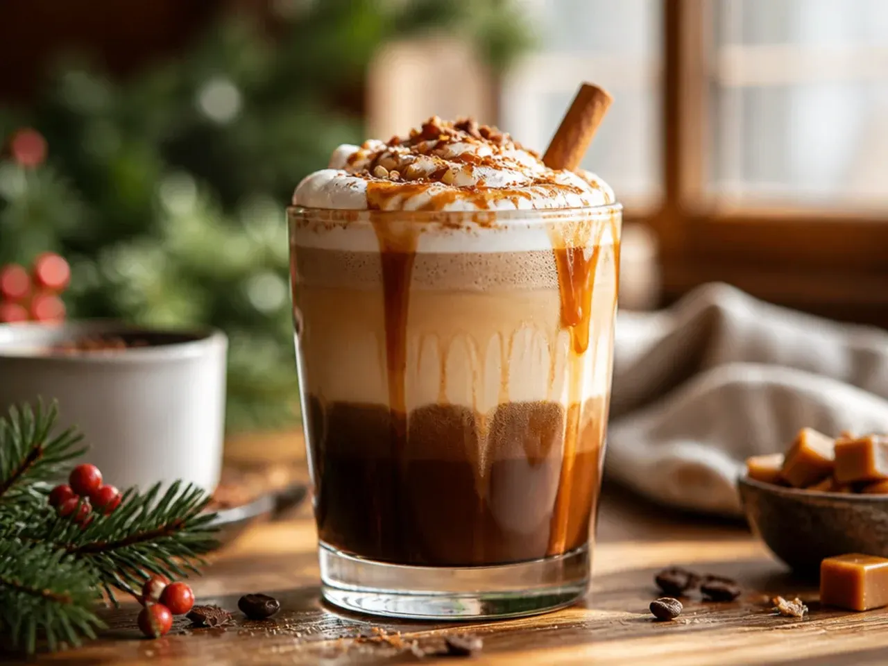 Layered salted caramel mocha in a clear glass showing distinct chocolate, milk, and espresso layers with caramel drizzle