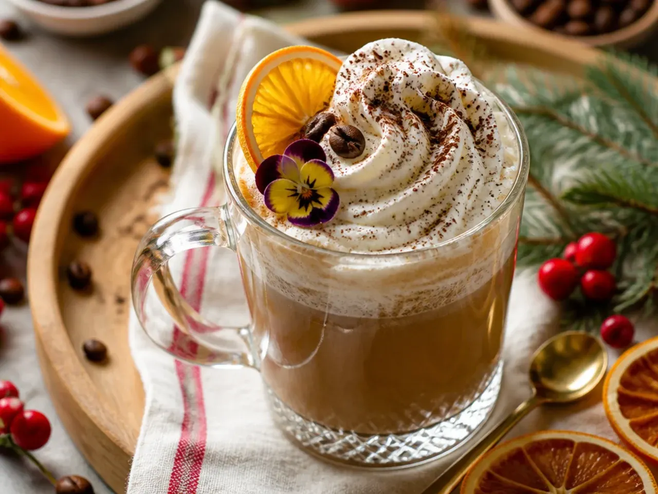 Bold Irish cream coffee in a mug with whipped cream and grated chocolate on top, steam rising