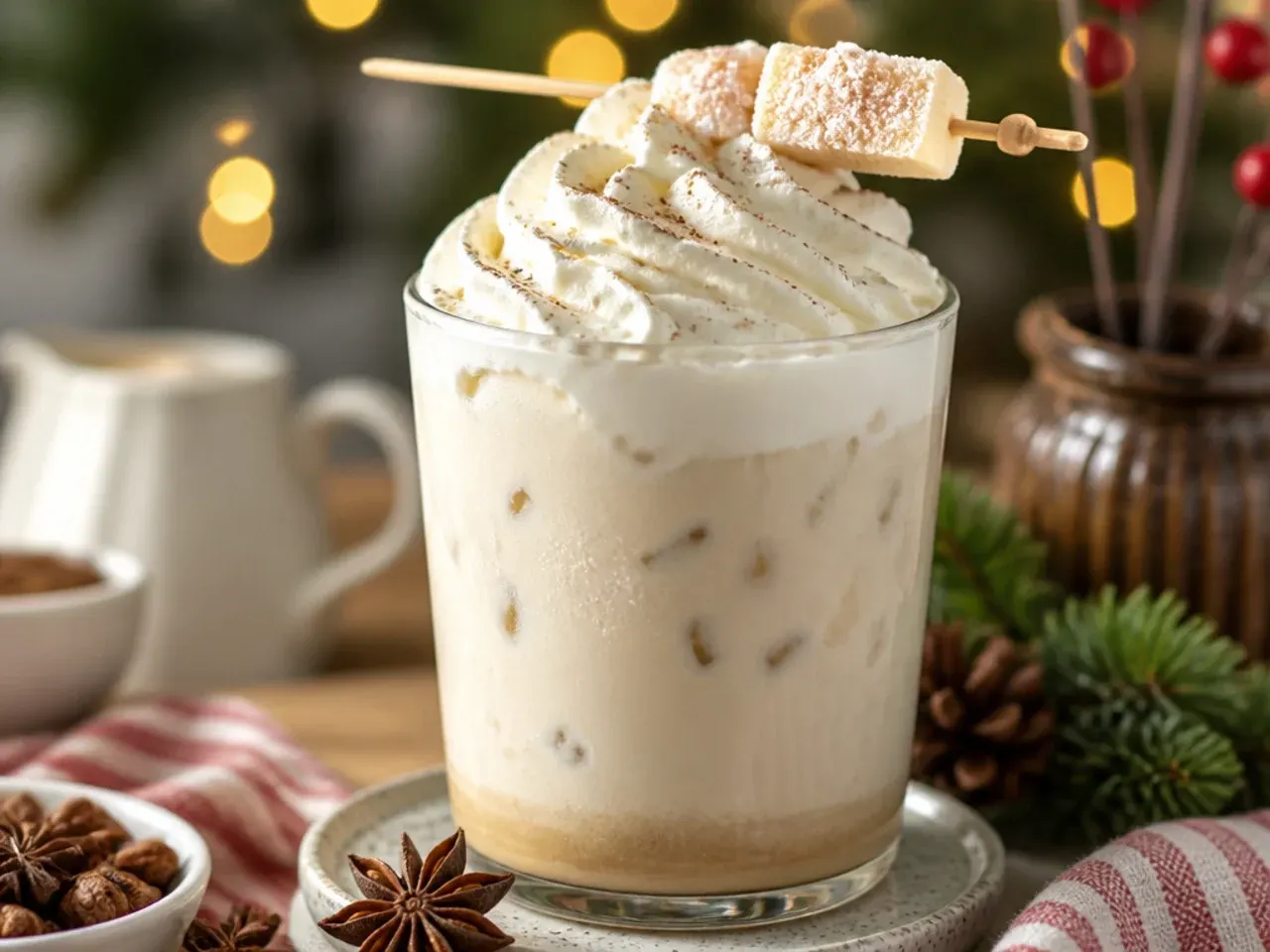 Vanilla bean snow latte in a white mug with a dusting of icing sugar on top and visible vanilla bean flecks in the foam