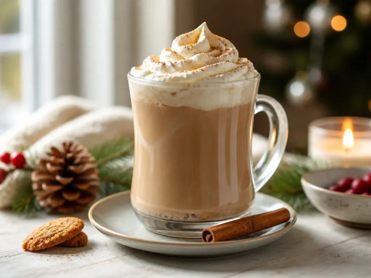 A holiday drink garnish station with bowls of whipped cream, cinnamon sticks, crushed candy cane, and cocoa powder