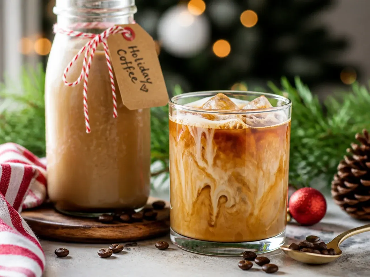 Glass jars of homemade coffee syrups labelled gingerbread, peppermint, and vanilla lined up on a kitchen shelf
