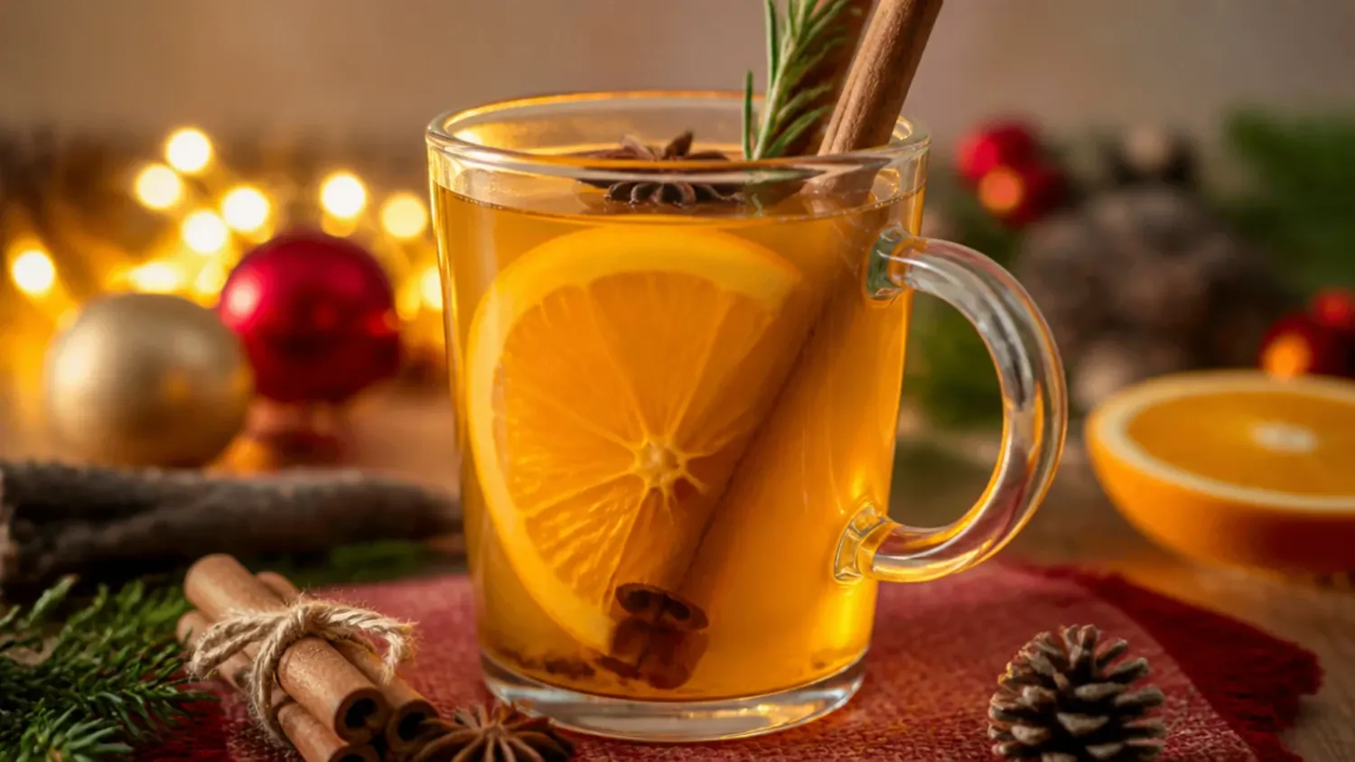 A festive table spread with mugs of hot chocolate, a punch bowl, and glasses of colourful holiday drinks for kids garnished with candy canes