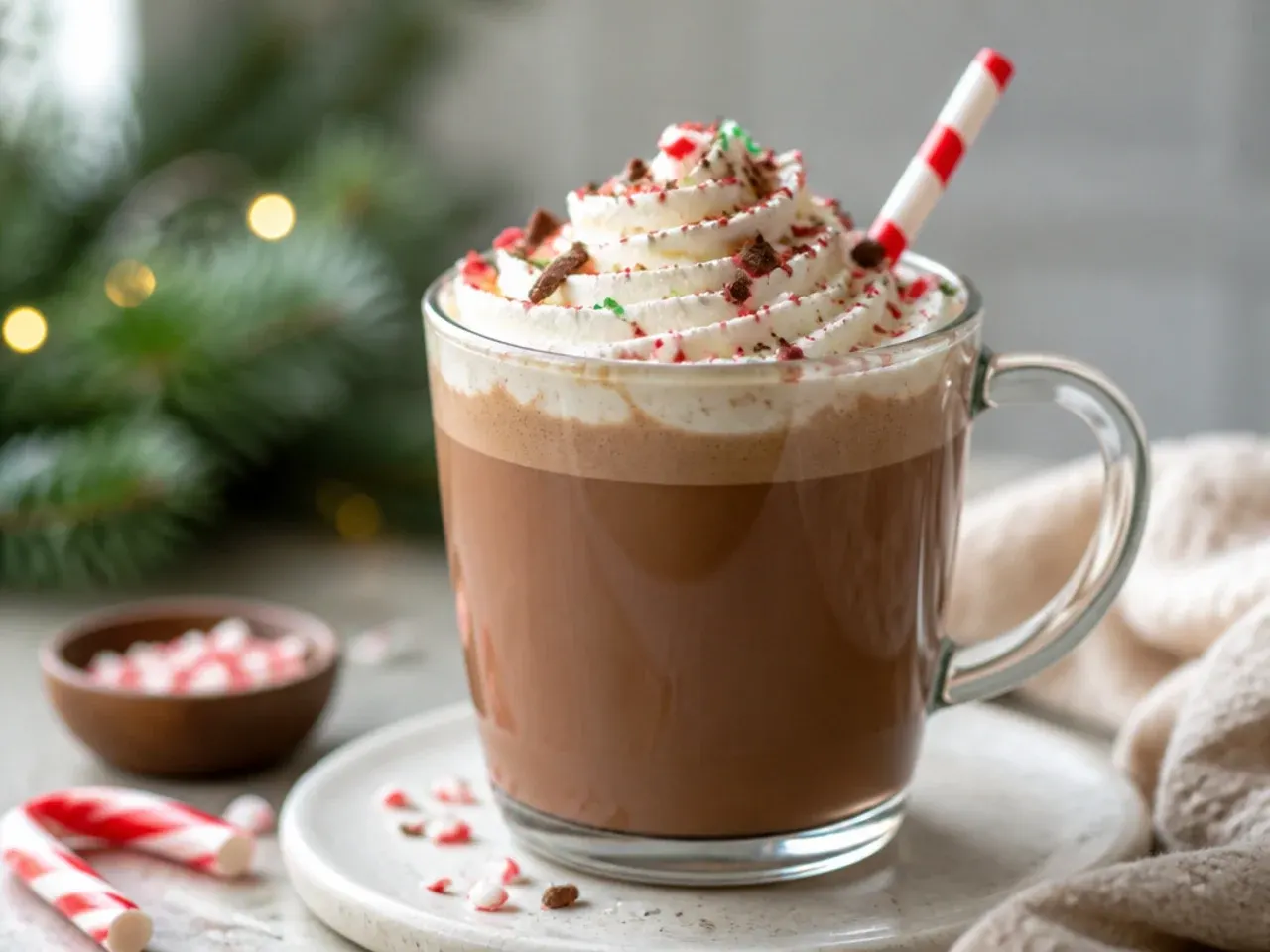 Overhead shot of several holiday drinks for kids arranged on a table with candy canes and cinnamon sticks