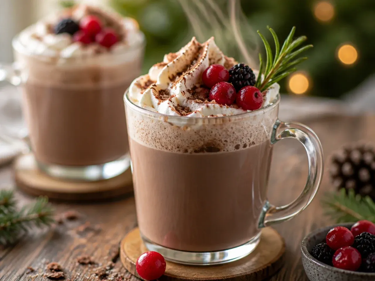 Mug of classic creamy hot chocolate topped with melting mini marshmallows