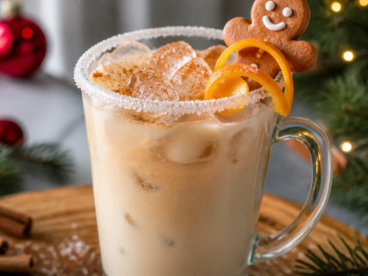 Frothy gingerbread steamer in a clear glass mug dusted with cinnamon