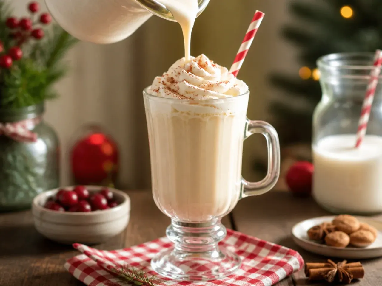 Creamy eggnog milkshake in a tall glass topped with whipped cream and a dusting of nutmeg