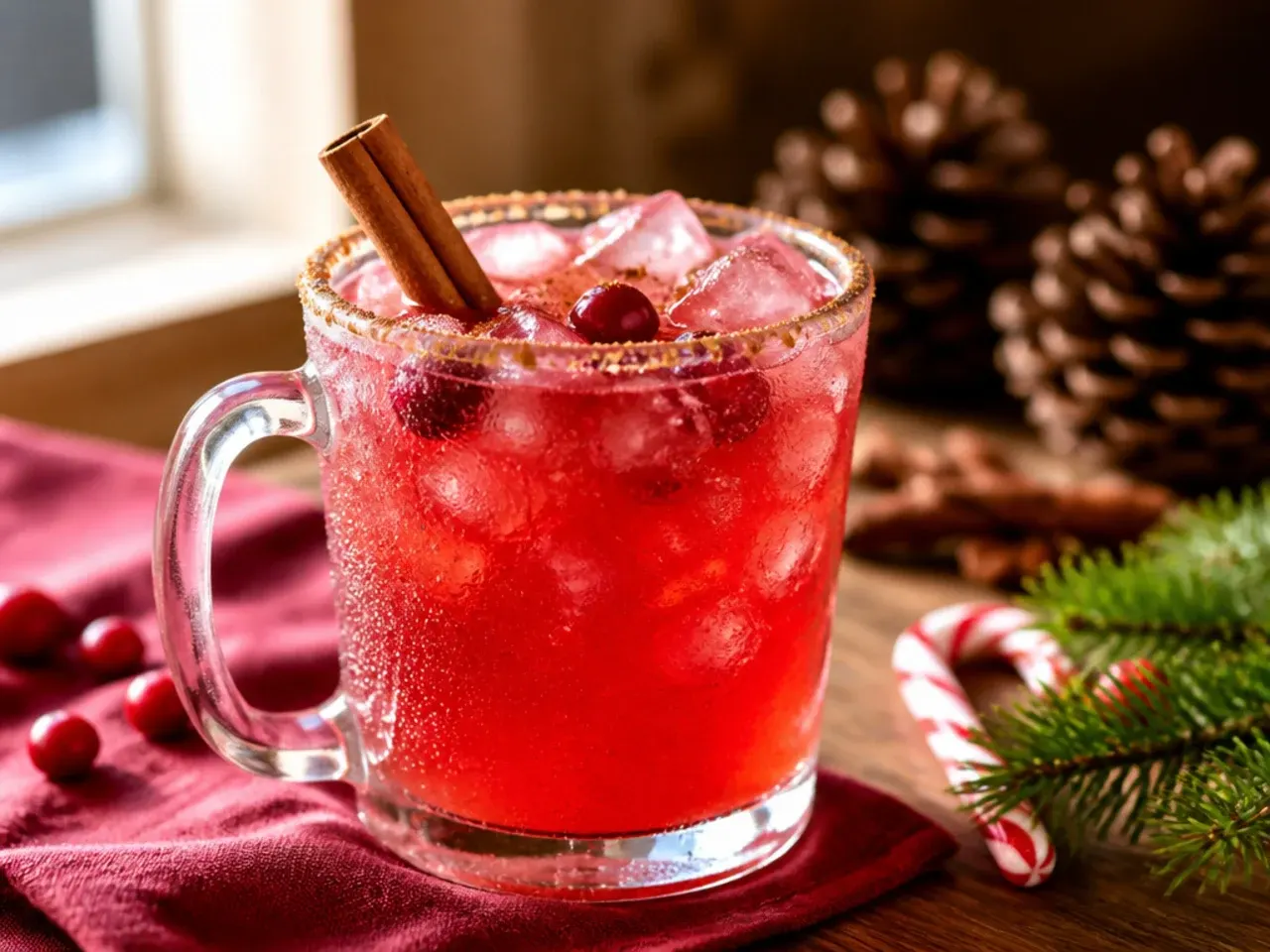 Glass of cranberry ginger sparkler over ice with floating frozen cranberries