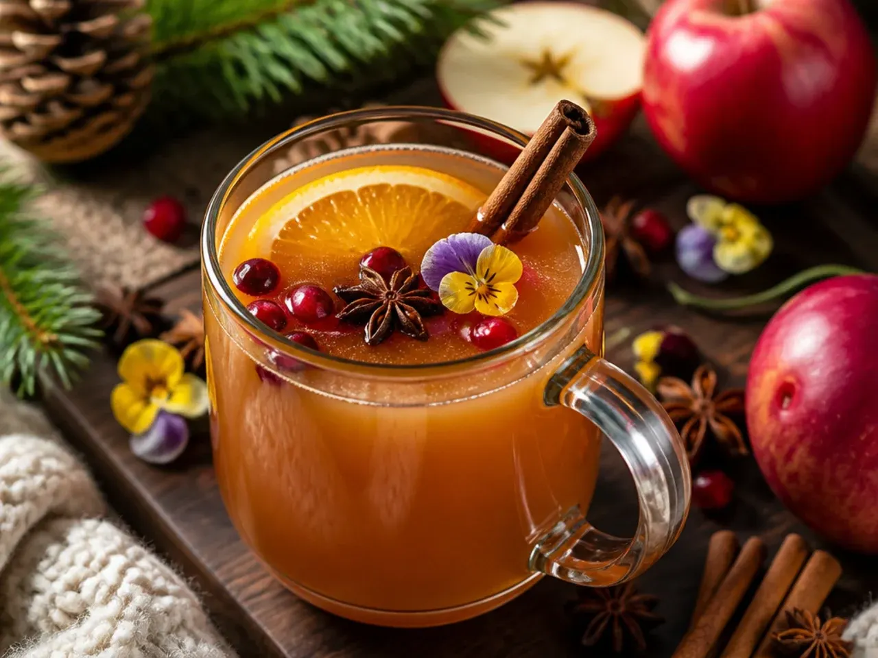 Mug of warm spiced apple cider with a cinnamon stick and orange peel garnish