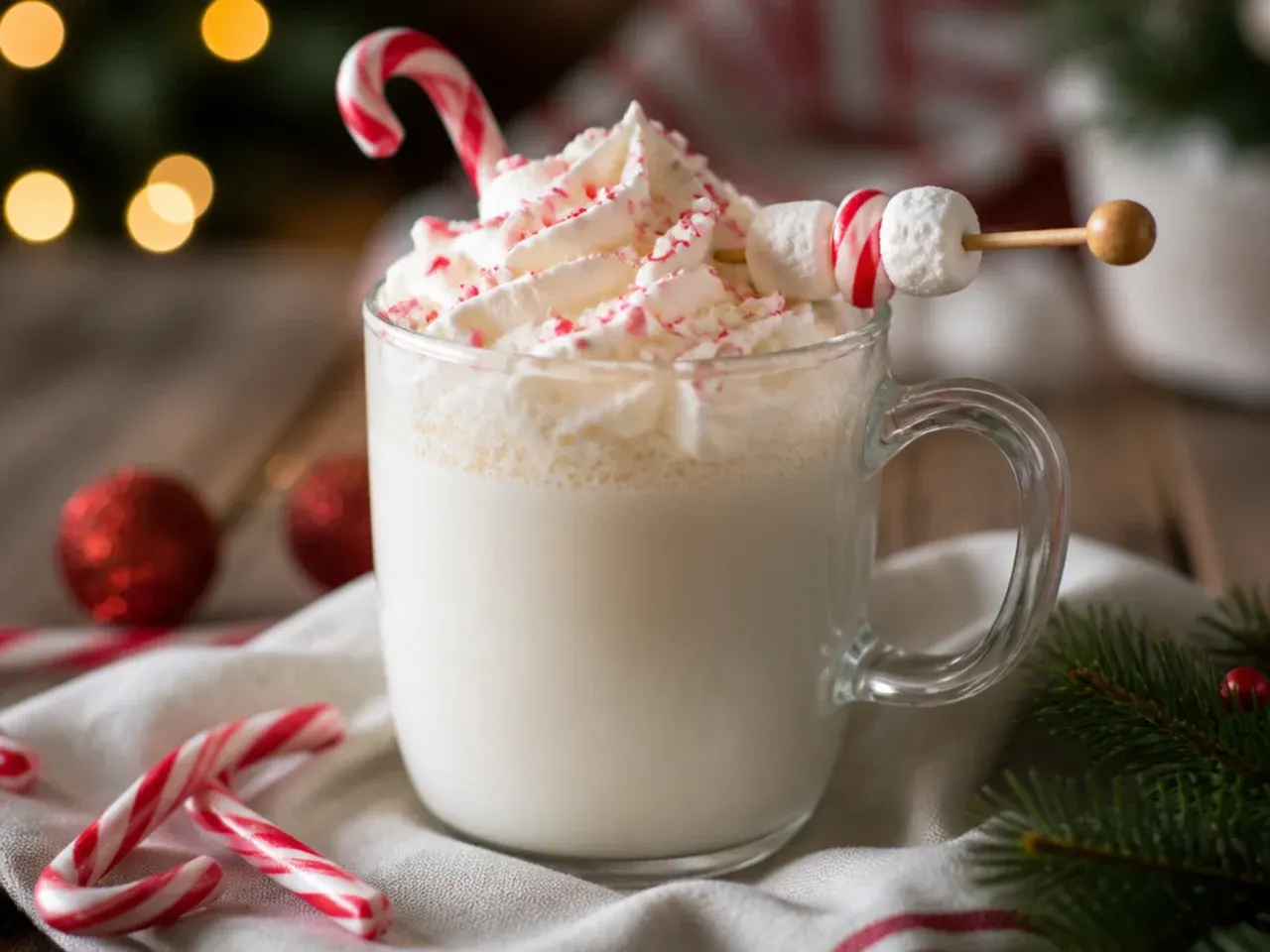 Vanilla steamer in a glass mug topped with whipped cream and a candy cane