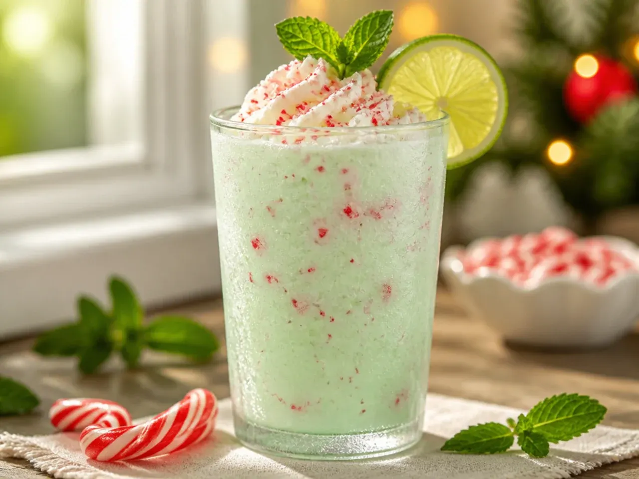Thick frozen peppermint milkshake in a glass with crushed candy cane pieces on top
