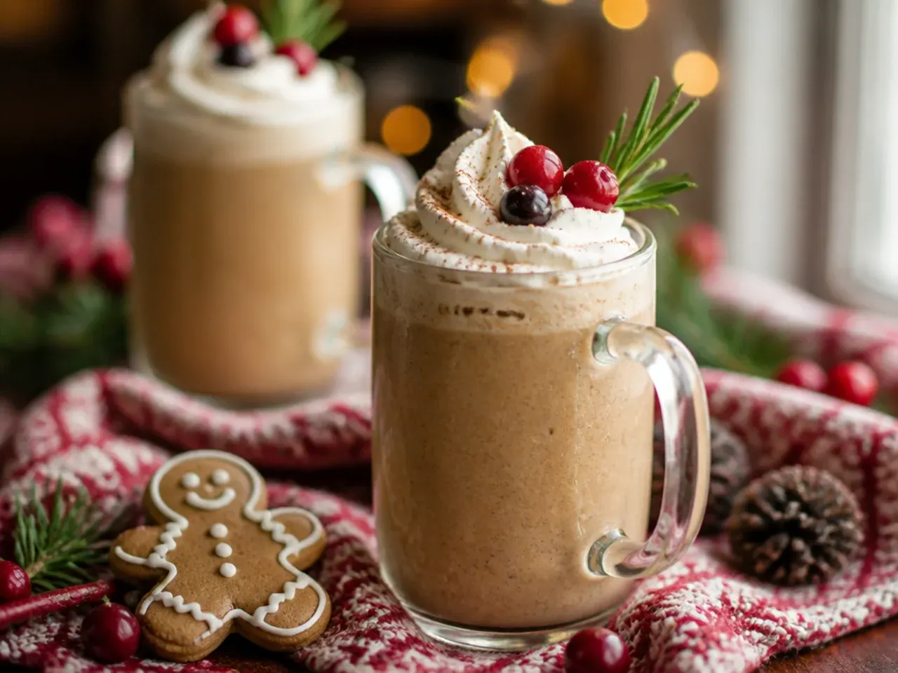Glass of blended gingerbread smoothie topped with a sprinkle of cinnamon