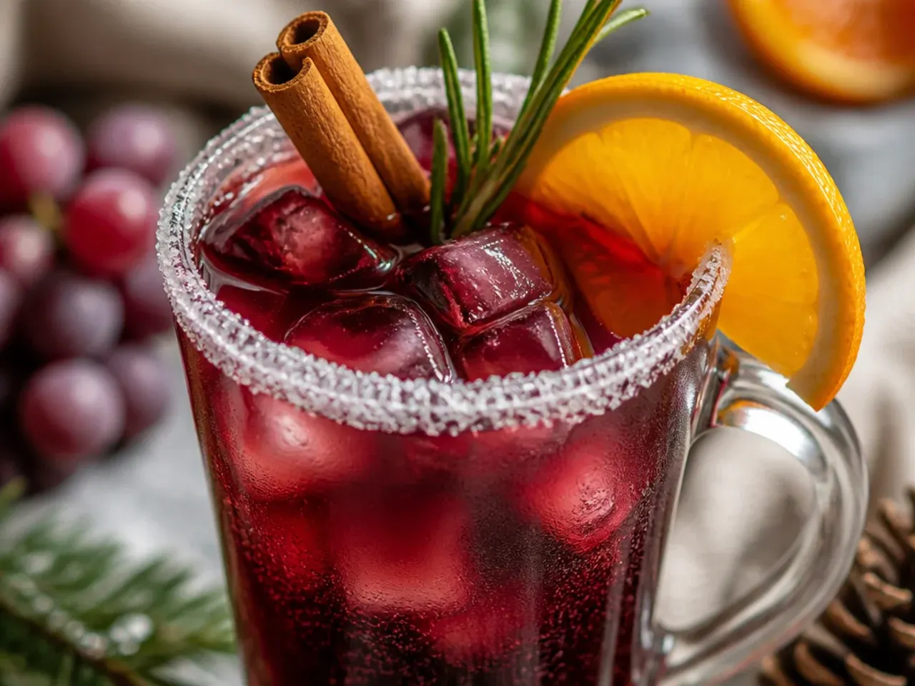 Mug of spiced mulled grape juice with orange slices and a cinnamon stick