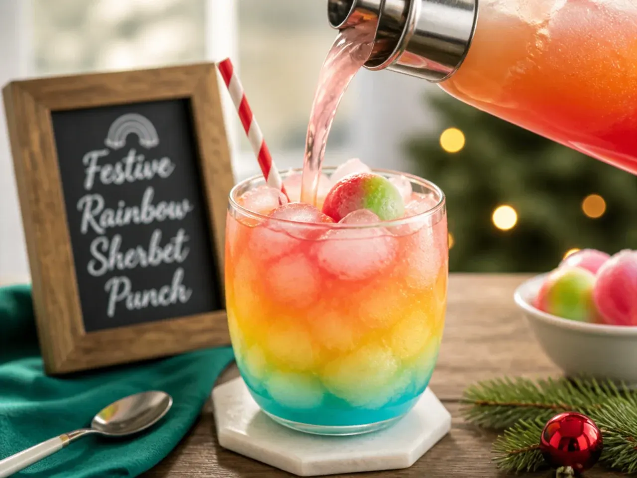 Punch bowl with colourful rainbow sherbet scoops floating in fizzy fruit punch