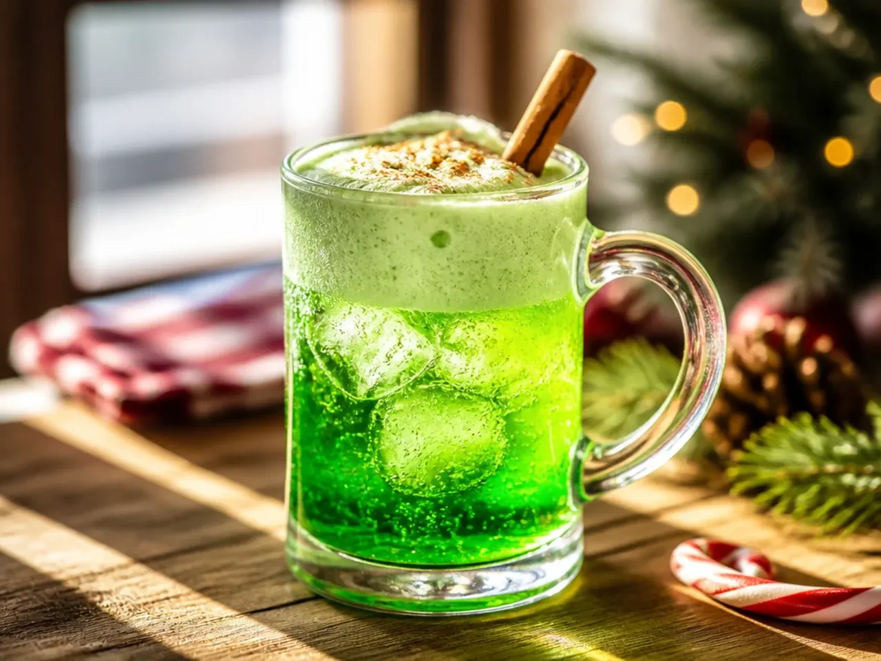 Clear glass showing distinct green apple juice and soda layers with blueberries at the bottom