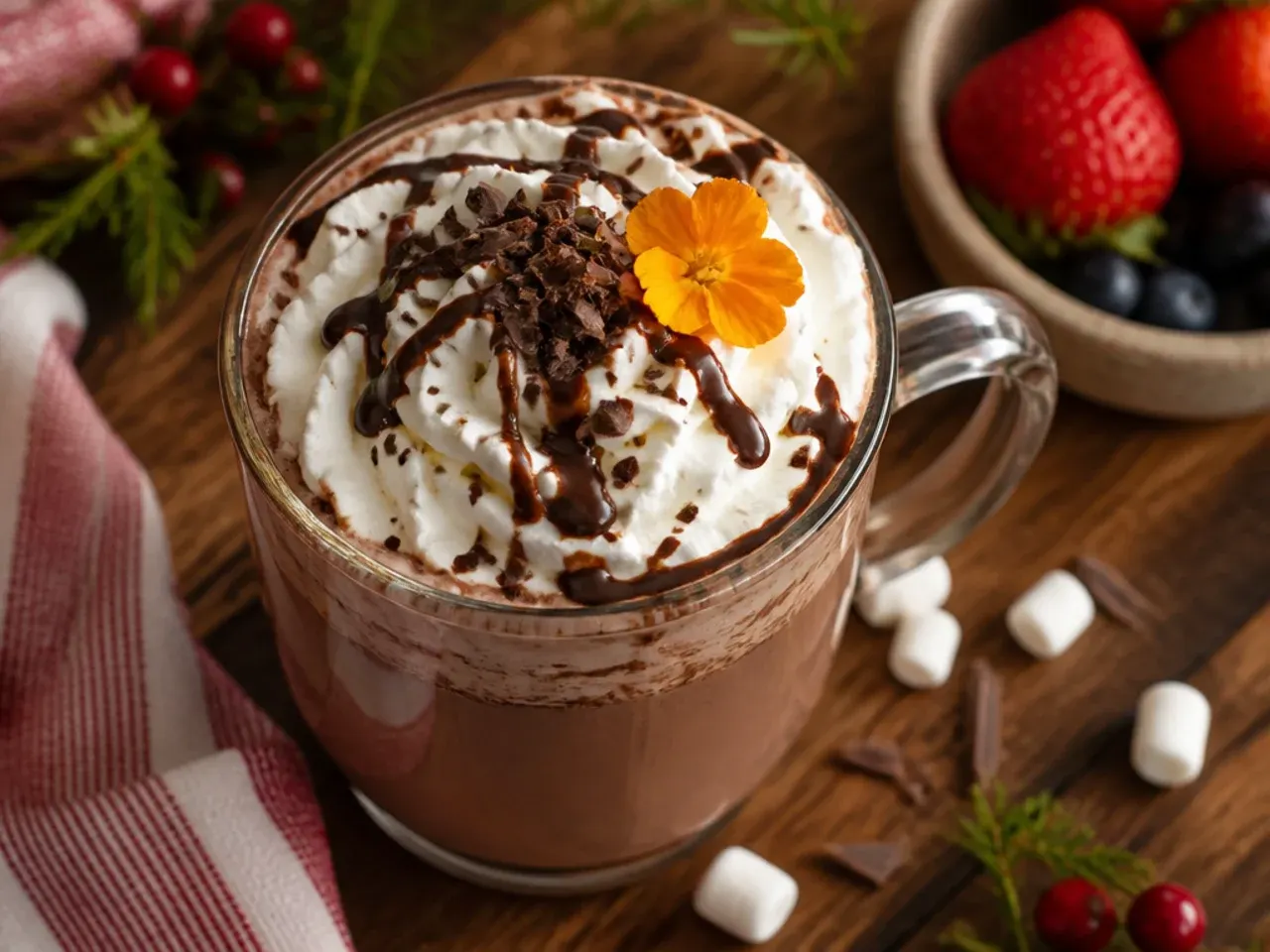 Chocolate cocoa bomb melting in a mug of hot milk releasing marshmallows