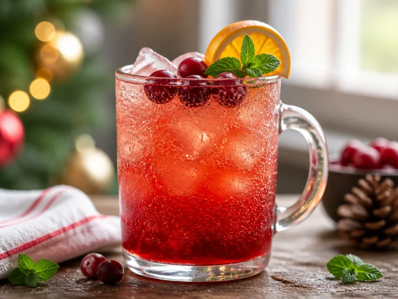 Iced cranberry orange fizz in a glass garnished with orange slices and cranberries