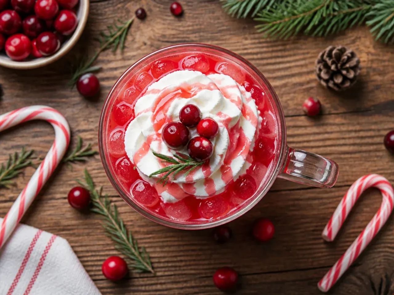 Large punch bowl of classic Christmas punch with a decorative fruit ice ring floating on top