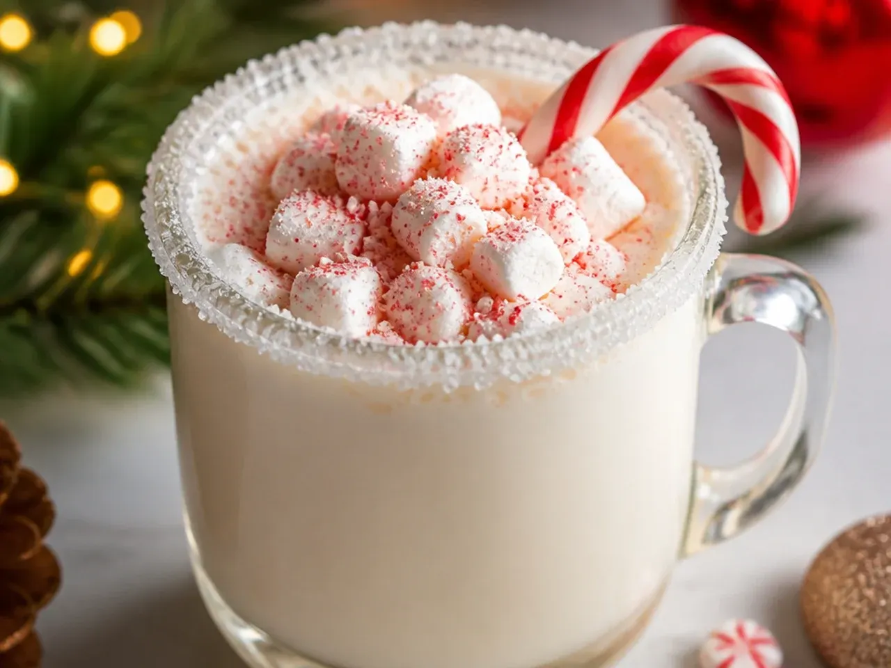 Mug of creamy white hot chocolate topped with whipped cream and white chocolate shavings