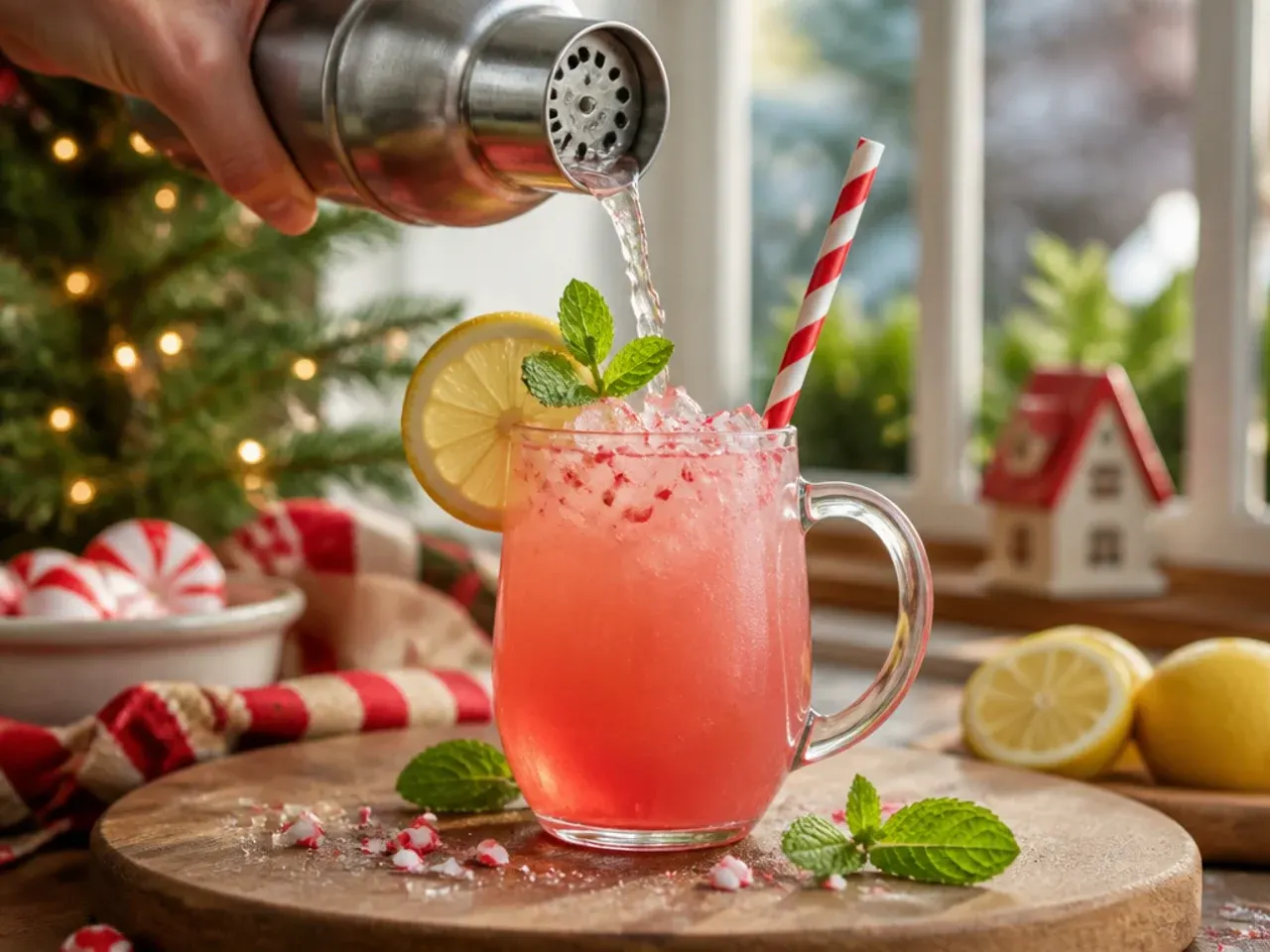 Glass of peppermint lemonade over ice with a crushed candy cane rim