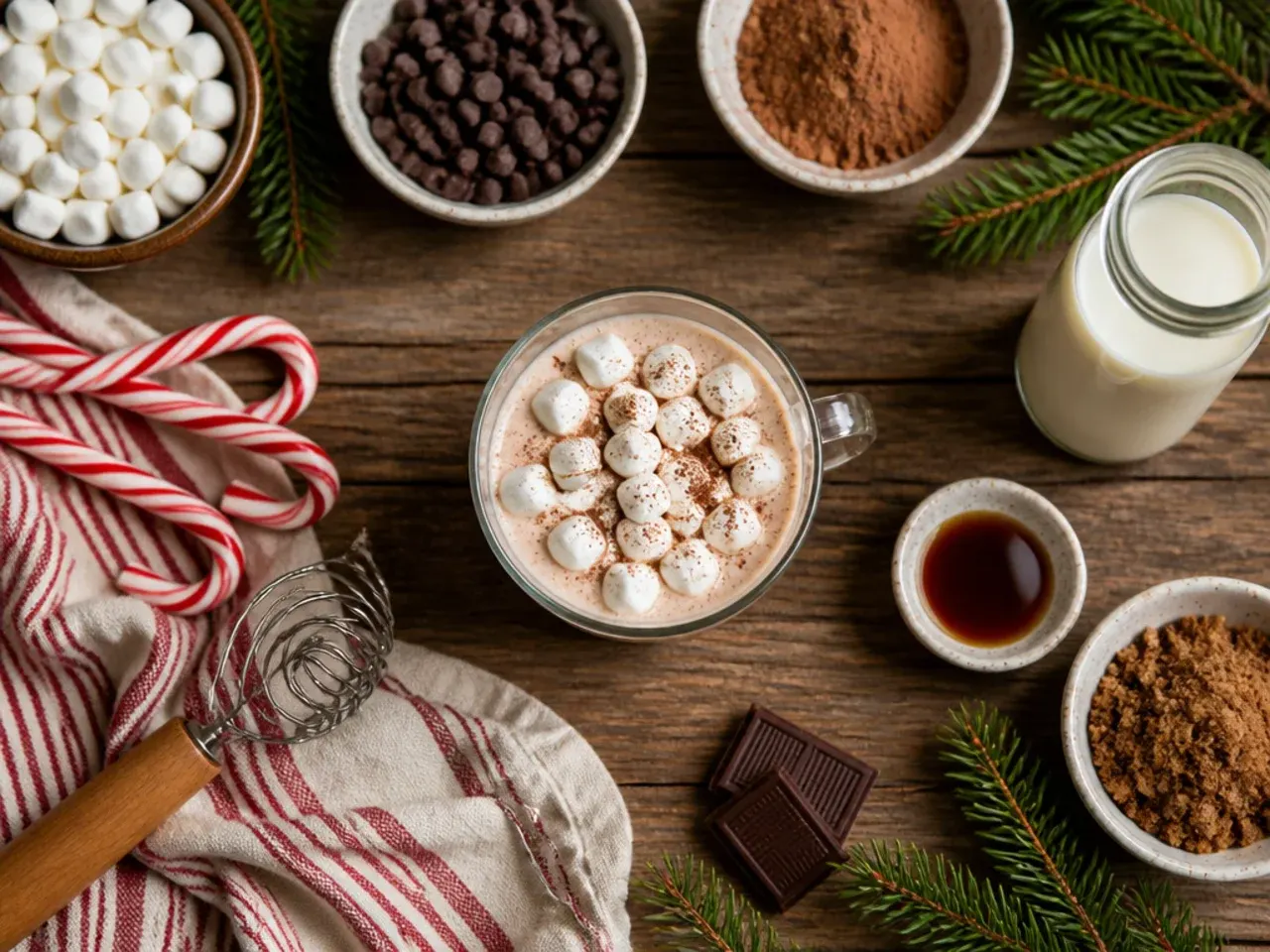 Close-up of a kitchen thermometer checking the temperature of warm milk for hot chocolate