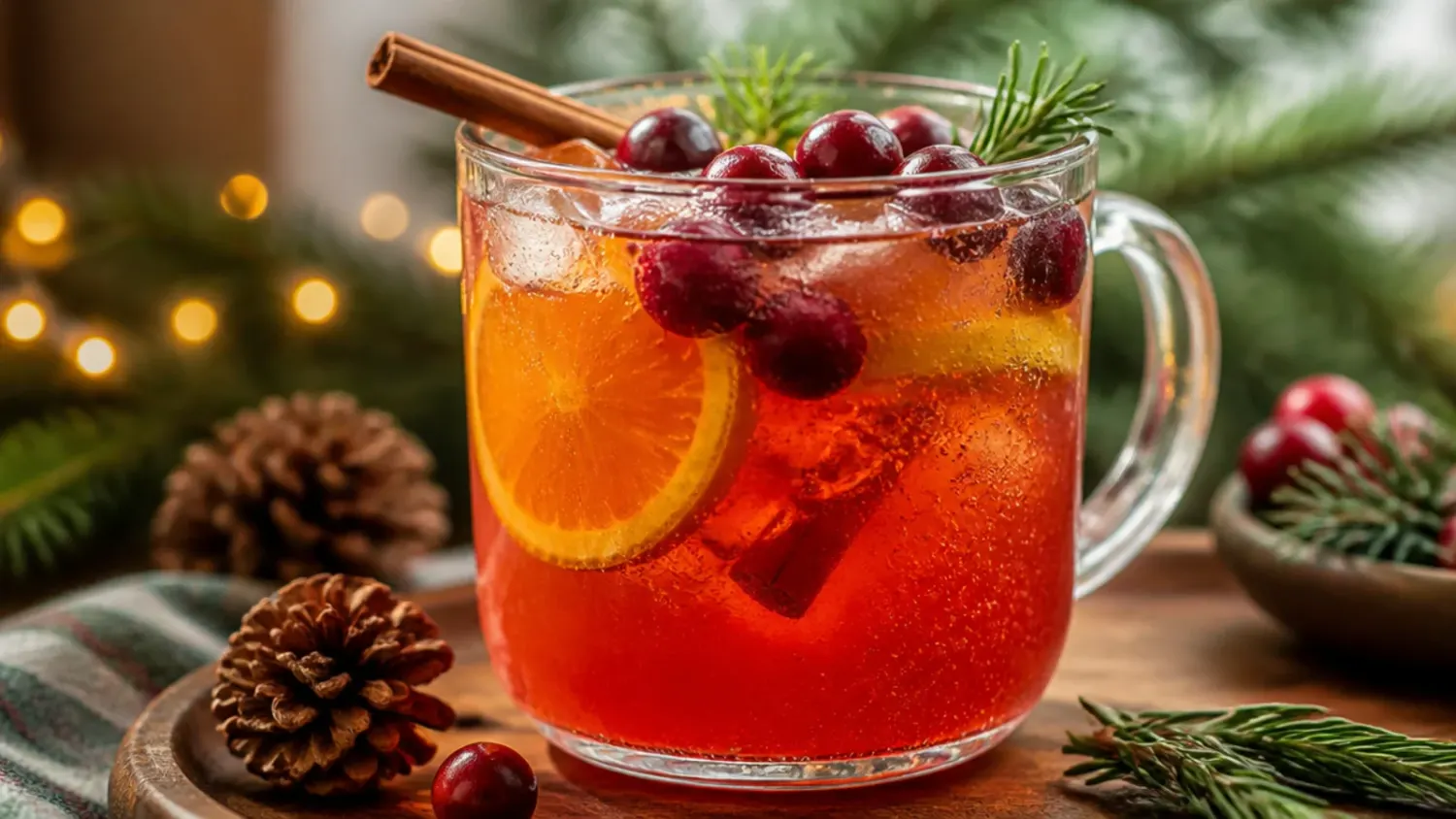 A wooden tray of holiday drinks nonalcoholic, including eggnog, mulled cider, and hot chocolate, garnished with cinnamon sticks and cranberries