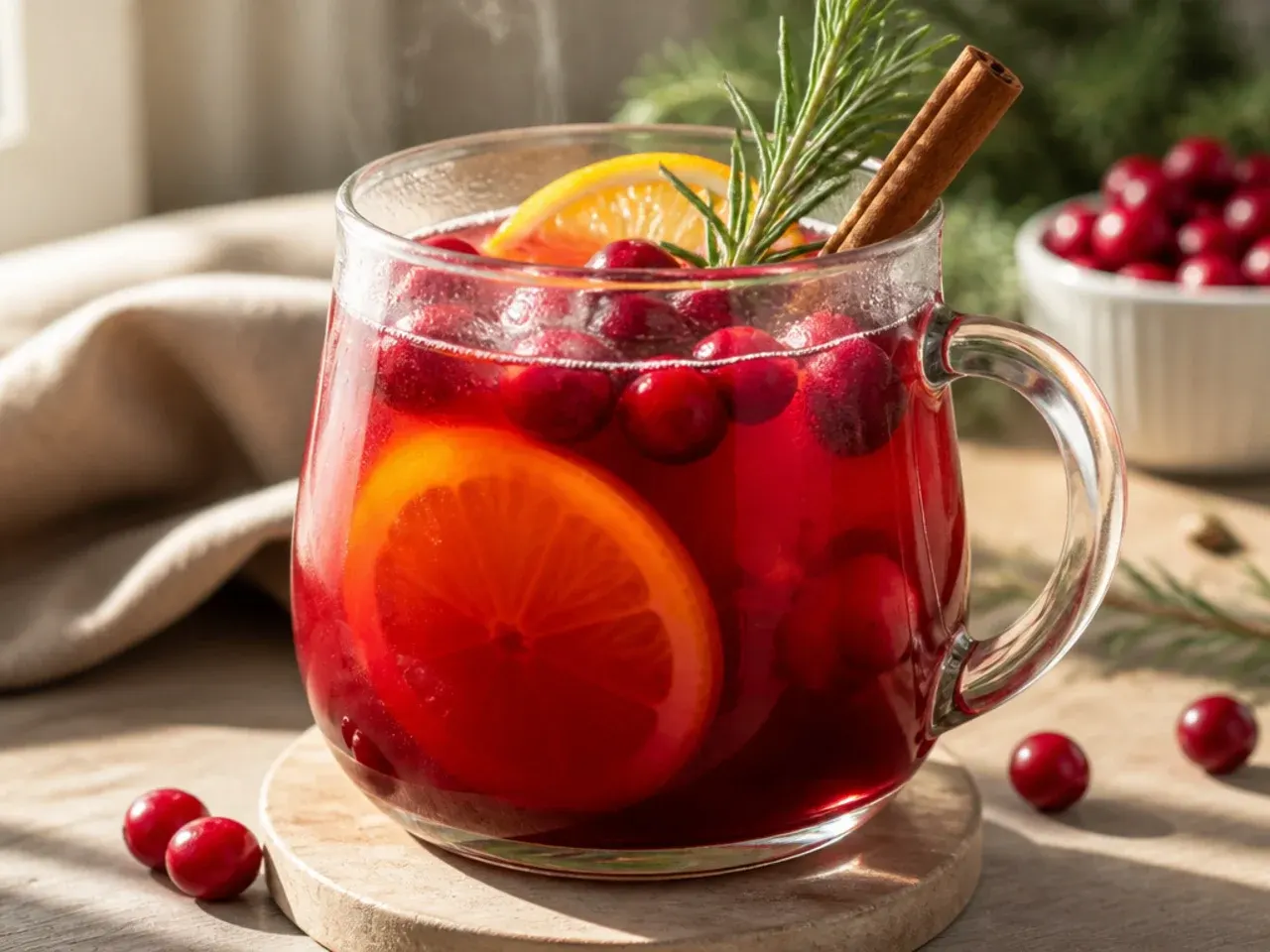 Overhead shot of several festive nonalcoholic drinks in glasses on a holiday table