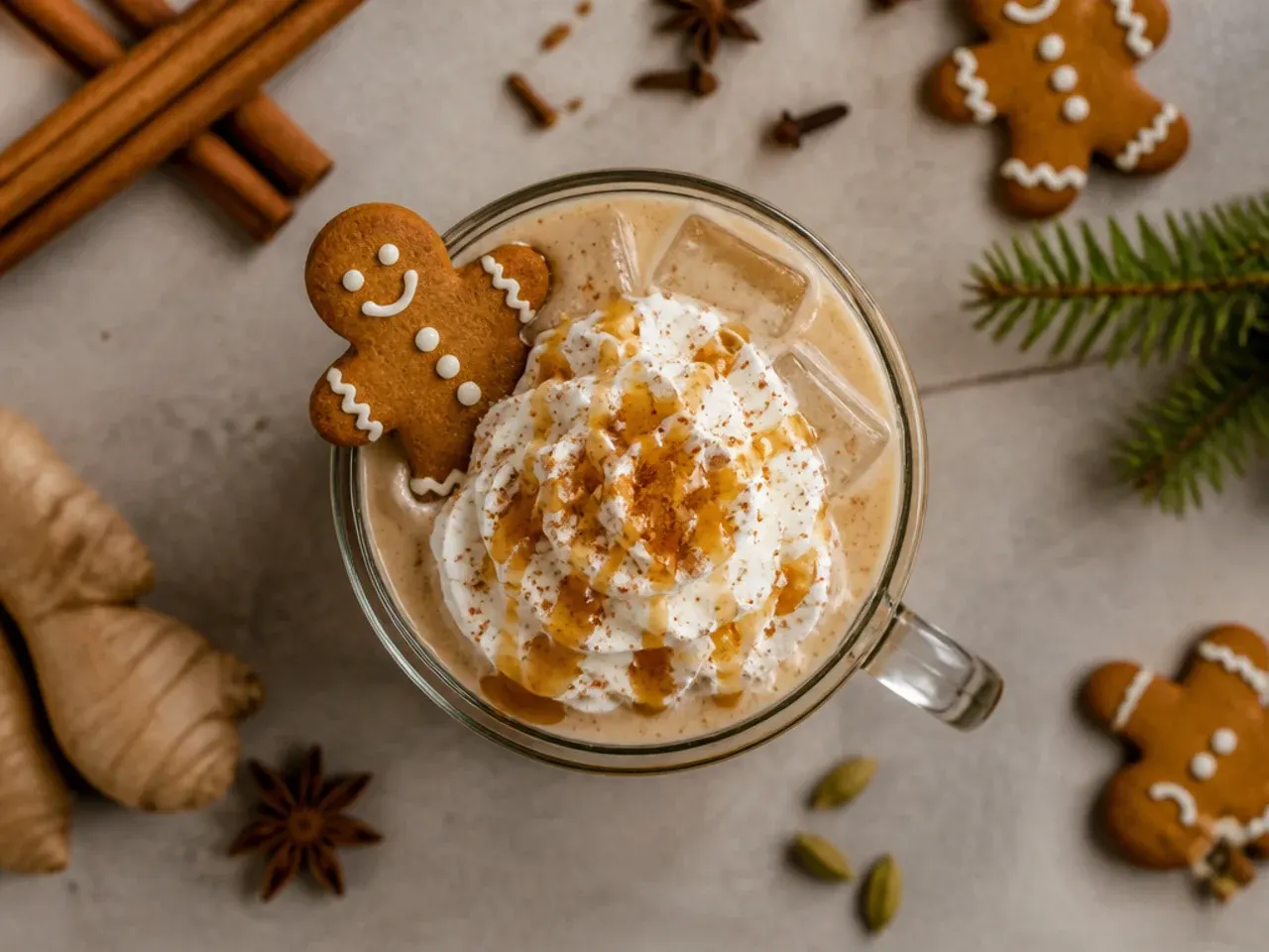 Iced gingerbread chai latte in a tall glass with visible milk swirl
