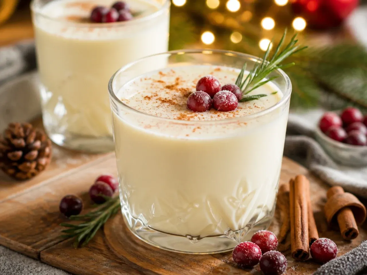 Glass mug of classic homemade eggnog dusted with fresh nutmeg