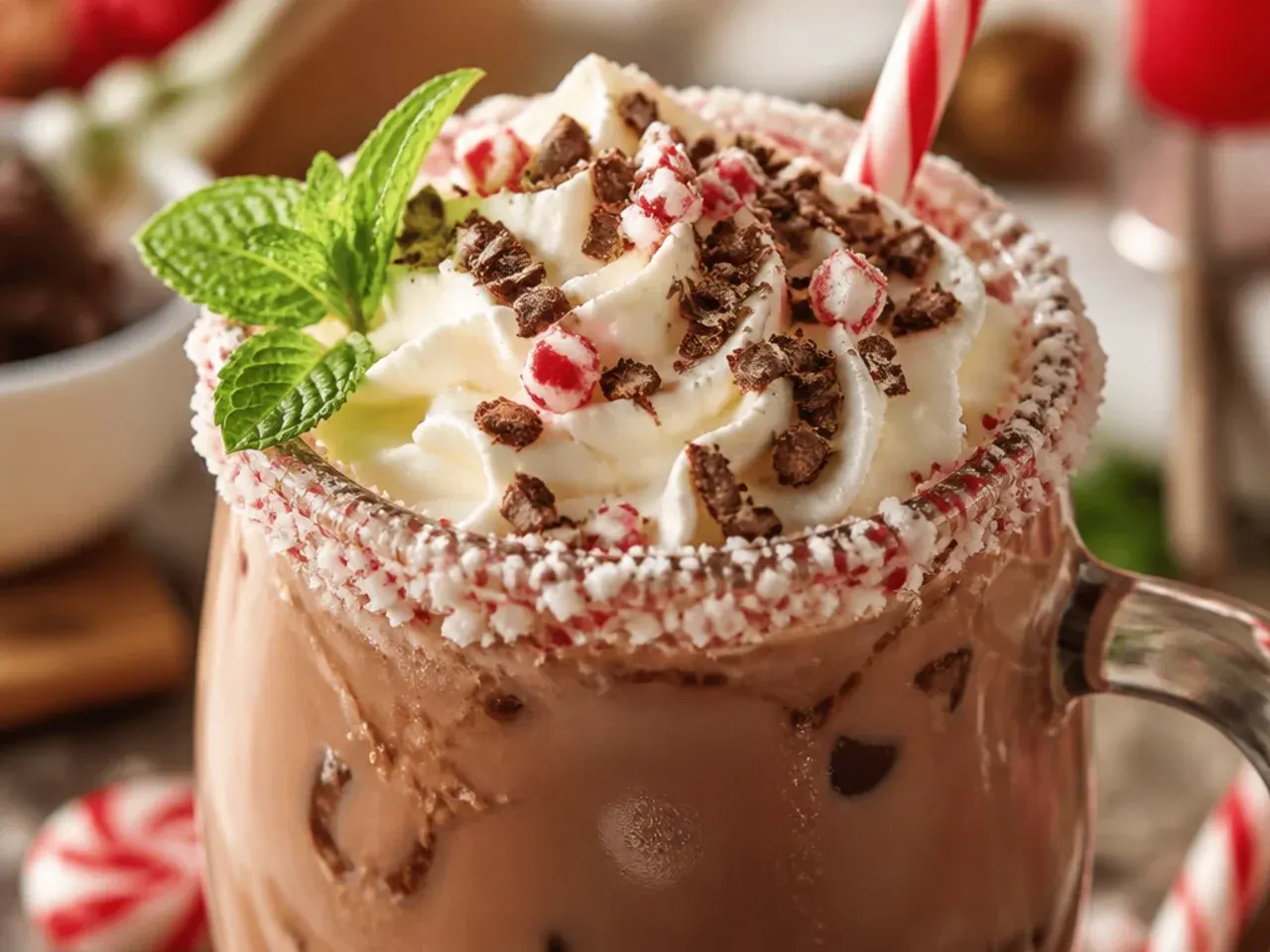 Copycat peppermint mocha topped with whipped cream and crushed candy cane