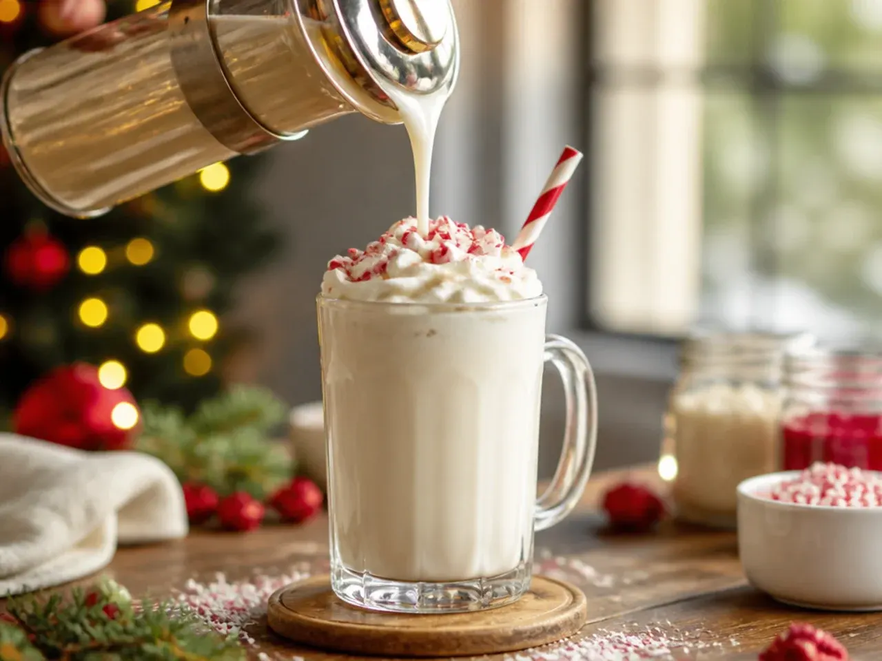 Mug of creamy white hot chocolate topped with mini marshmallows