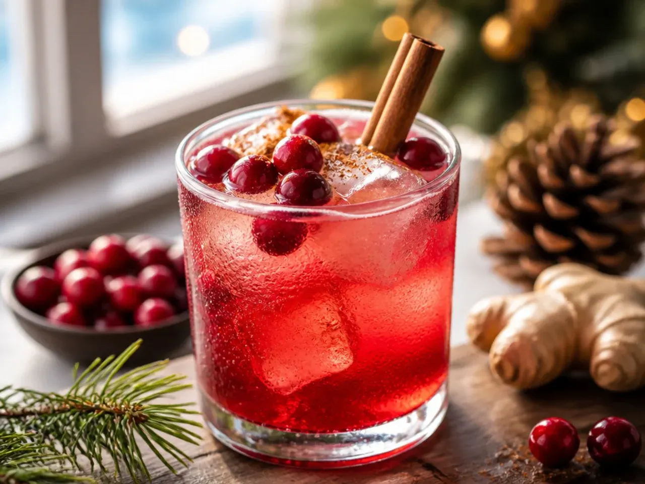 Sparkling cranberry ginger fizz in a highball glass with floating cranberries