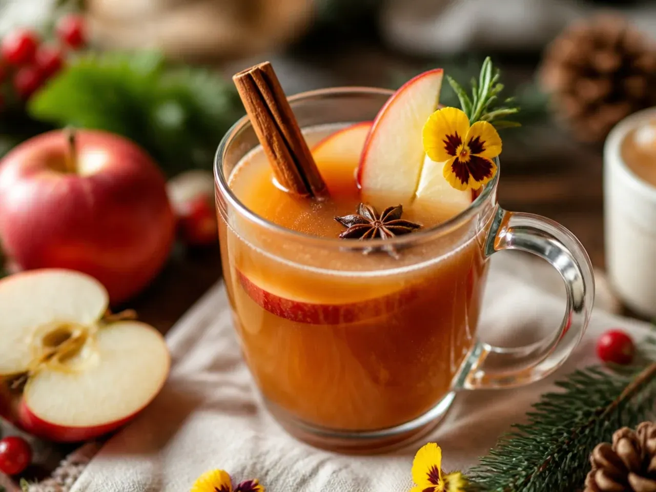 Pot of cozy mulled apple cider simmering with cinnamon sticks and orange peel
