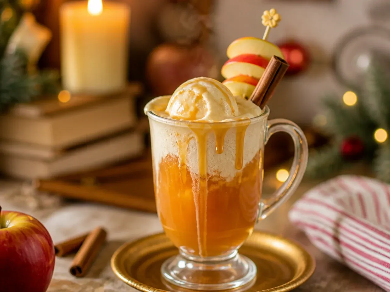 Sweet caramel apple cider float with vanilla ice cream and caramel drizzle