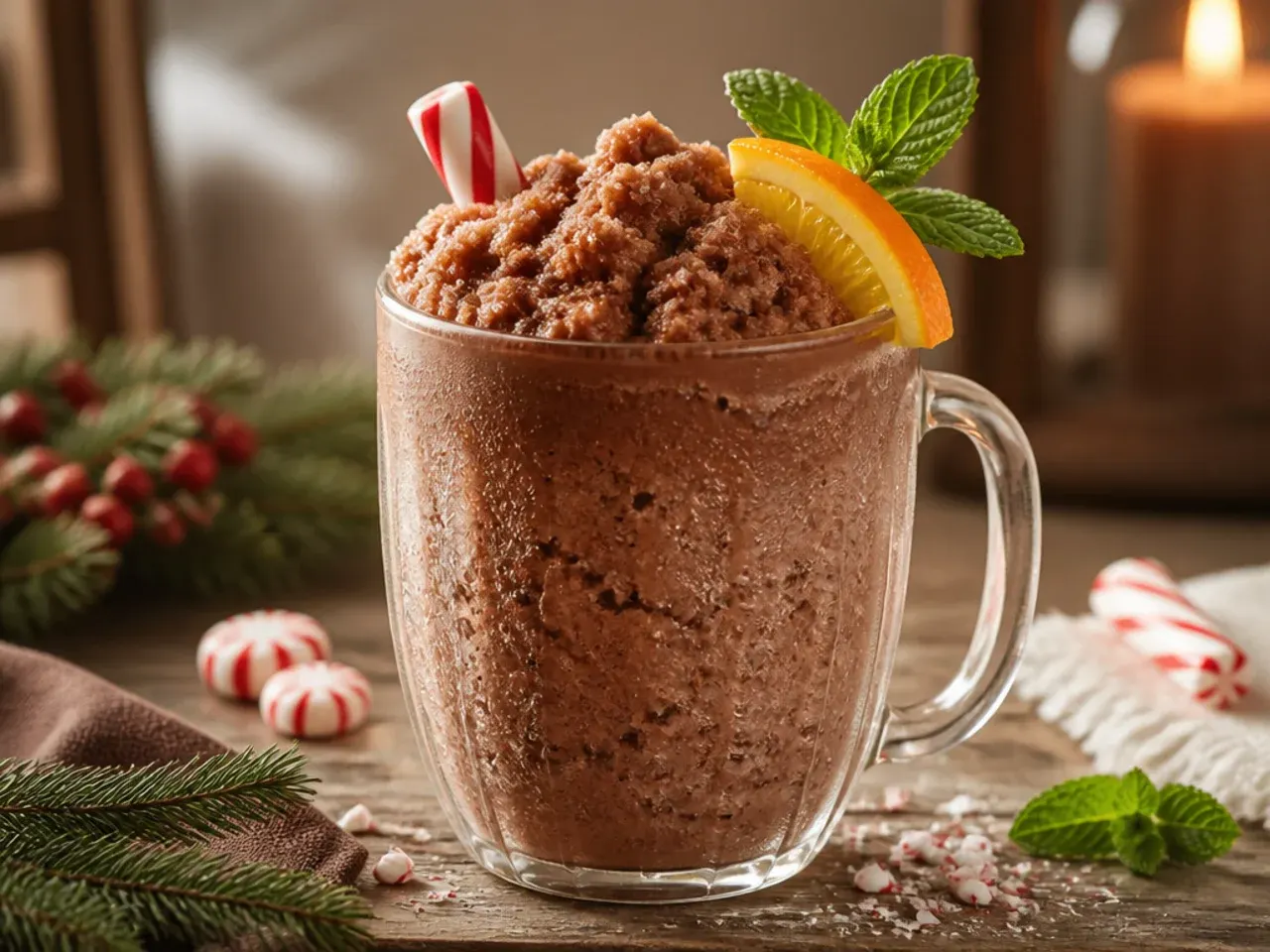 Frozen peppermint hot chocolate slush in a glass with whipped cream and crushed candy cane