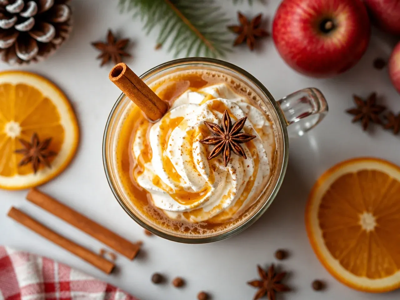 Mugs of easy spiced wassail with orange slices floating on top