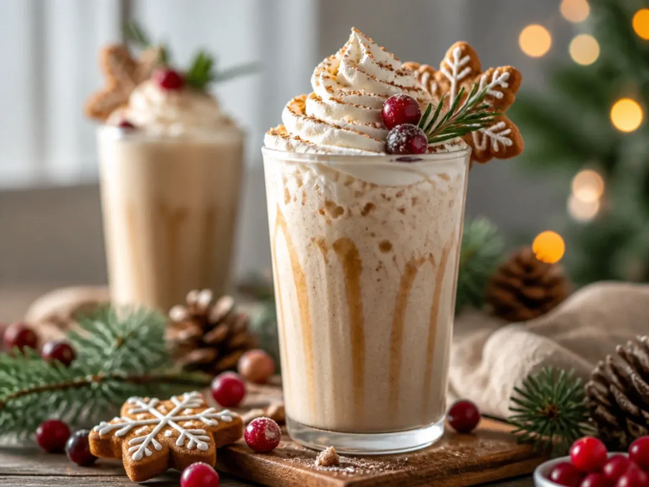 Blended gingerbread milkshake in a glass rimmed with crushed gingersnaps