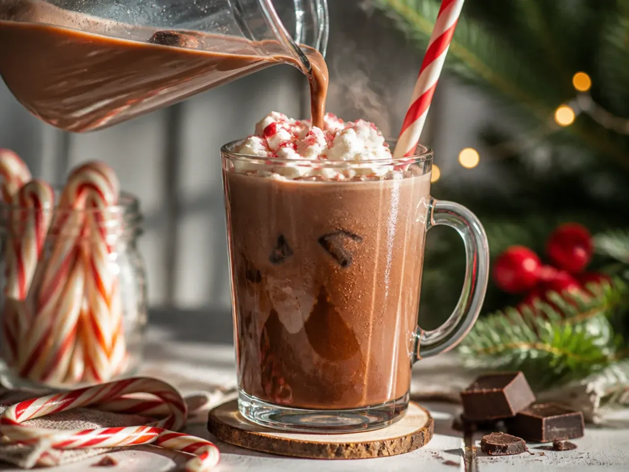 Festive candy cane cocoa in a mug with a candy cane stirrer
