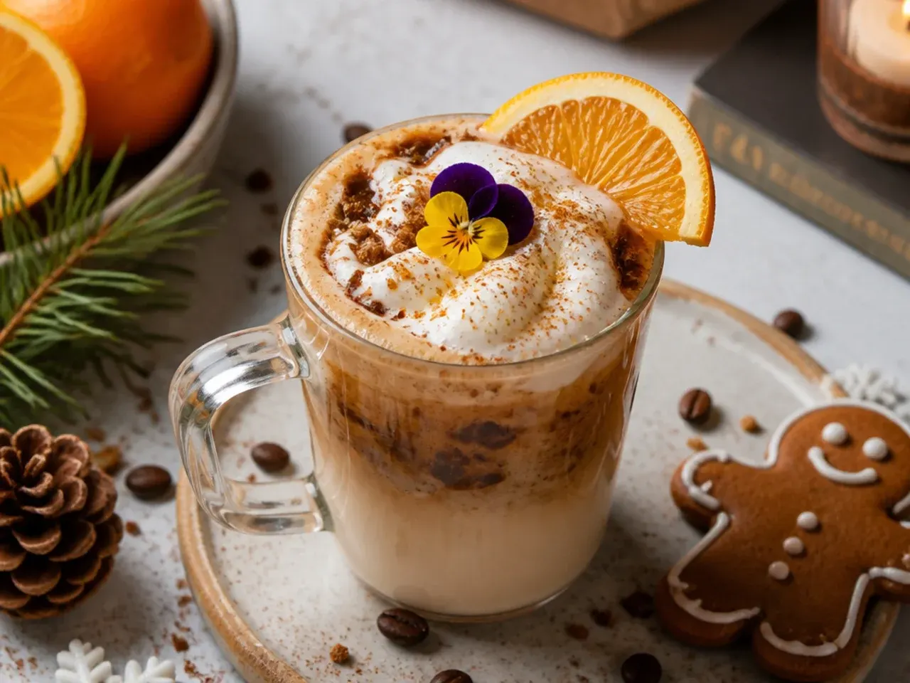 Bold espresso gingerbread latte with cinnamon dusted foam