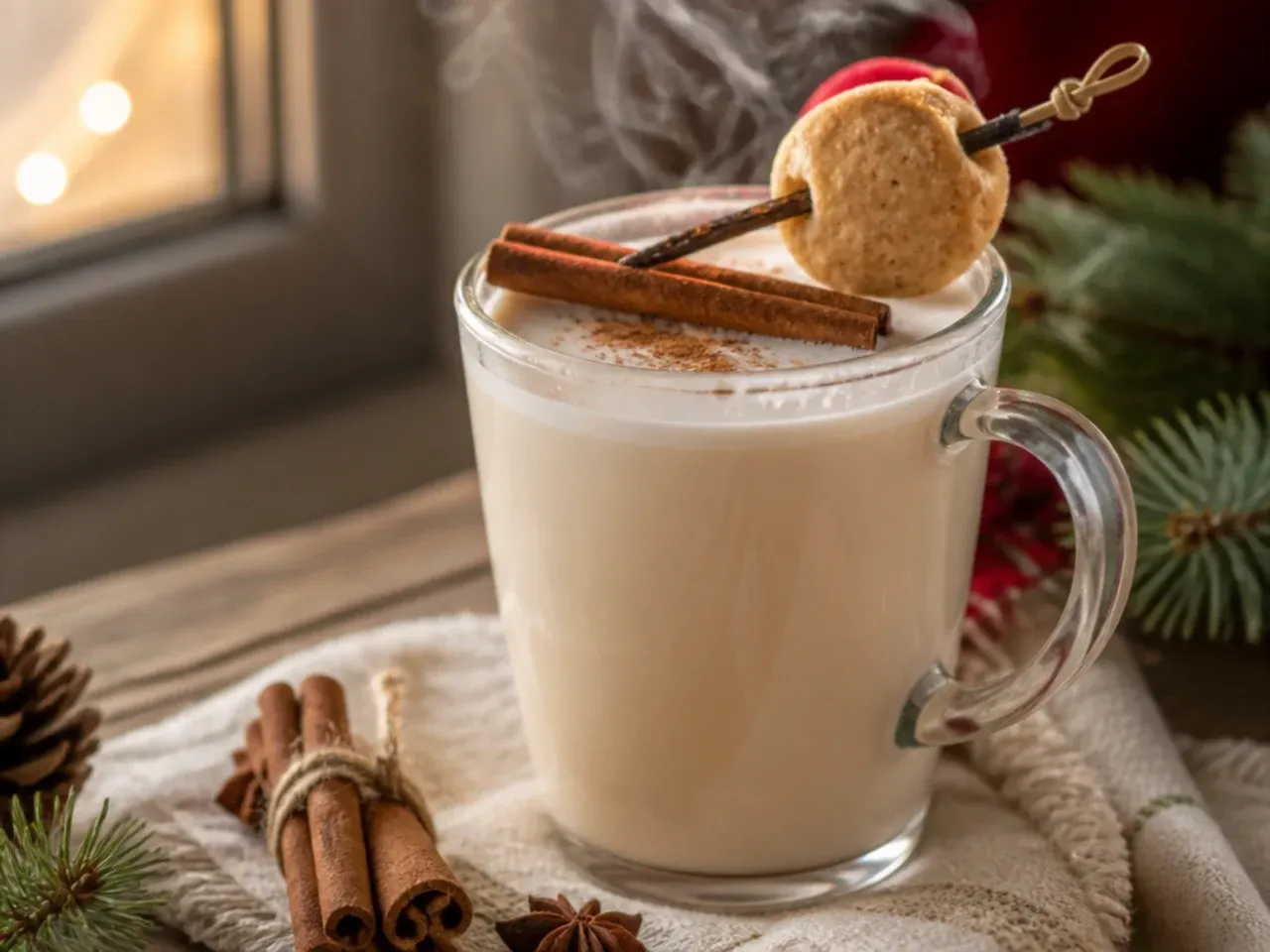 Smooth vanilla cinnamon steamer in a glass mug with light foam